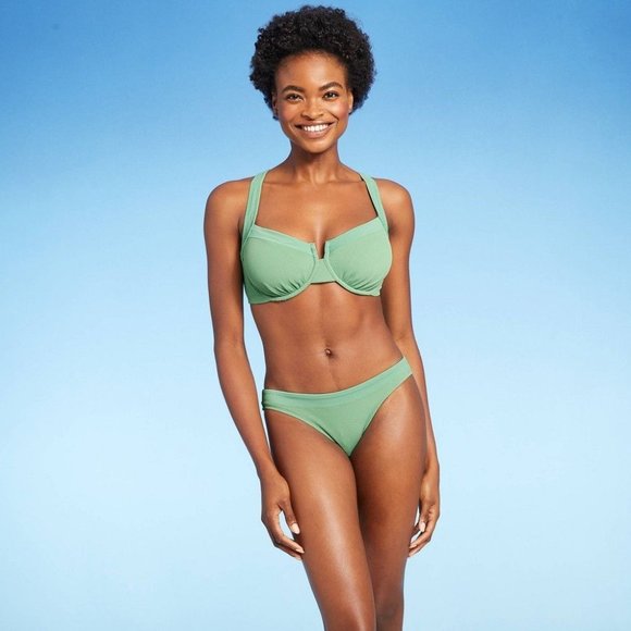 Juniors' Mixed Textured Underwire Bikini Top Xhilaration Fern Green Size D/DD Cu - Picture 1 of 7